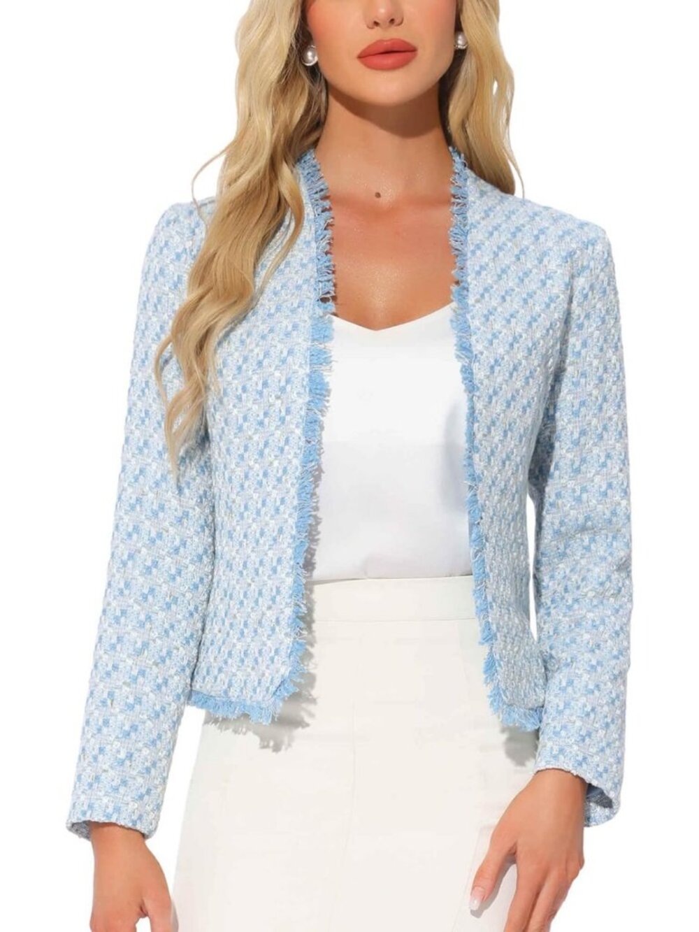 Chic Plaid Tweed Long Sleeve Open Front Blazer Jacket for Women - Stylish